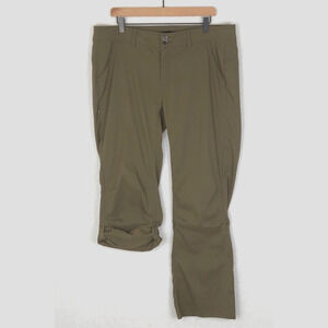 PRANA Hiking Pants Women's Sz 16 Khaki Green Roll Tab Outdoor Gusset Knee Mid